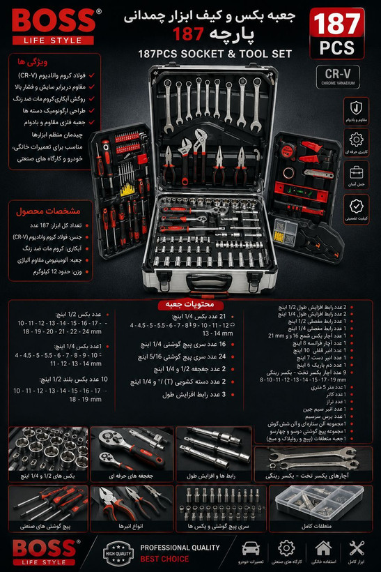 جعبه ابزار باس مدل Box_187 شامل ۱۸۷ پارچه