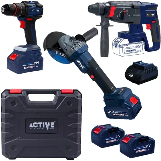 کیت ۳ عددی دریل و فرز و بتن کن شارژی اکتیو مدل AC3223BL با باتری ۲۱ ولت
