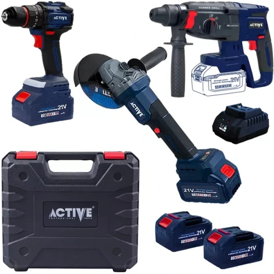 کیت ۳ عددی دریل و فرز و بتن کن شارژی اکتیو مدل AC3223BL با باتری ۲۱ ولت